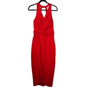 Sienna Red Halter Neck Ruched Waist Draping Midi Dress 4 Classic Cocktail Party